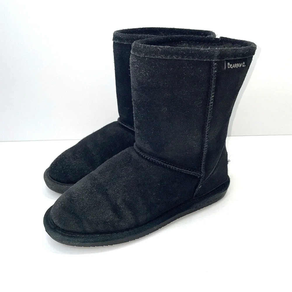 BEARPAW Boots Emma Youth Shearling Winter‎ Snow Boot Black Suede Size 2